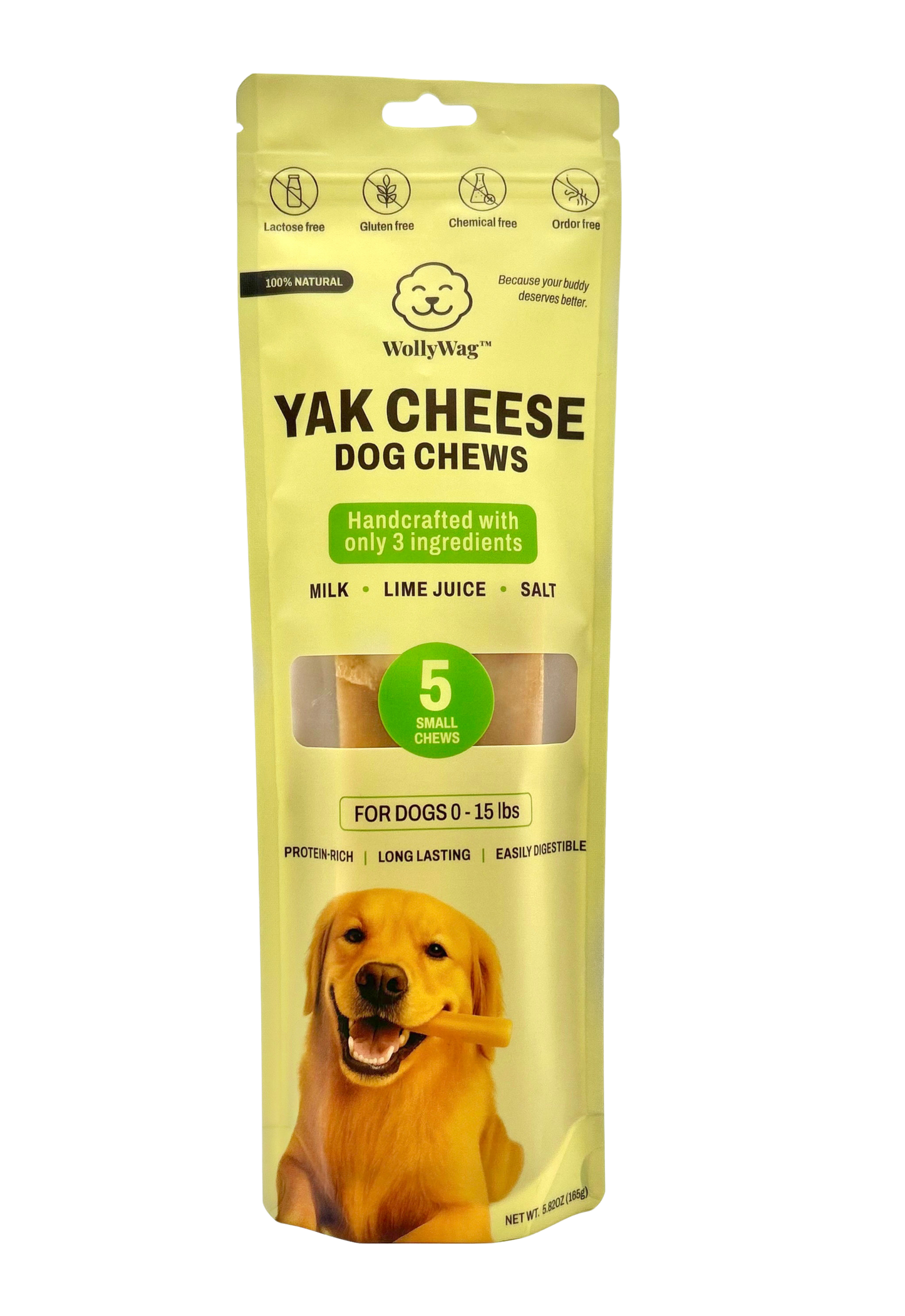WollyWag Yak Cheese Dog Chews – 5 Small Long-Lasting Treats for Dogs (0–15 lb)