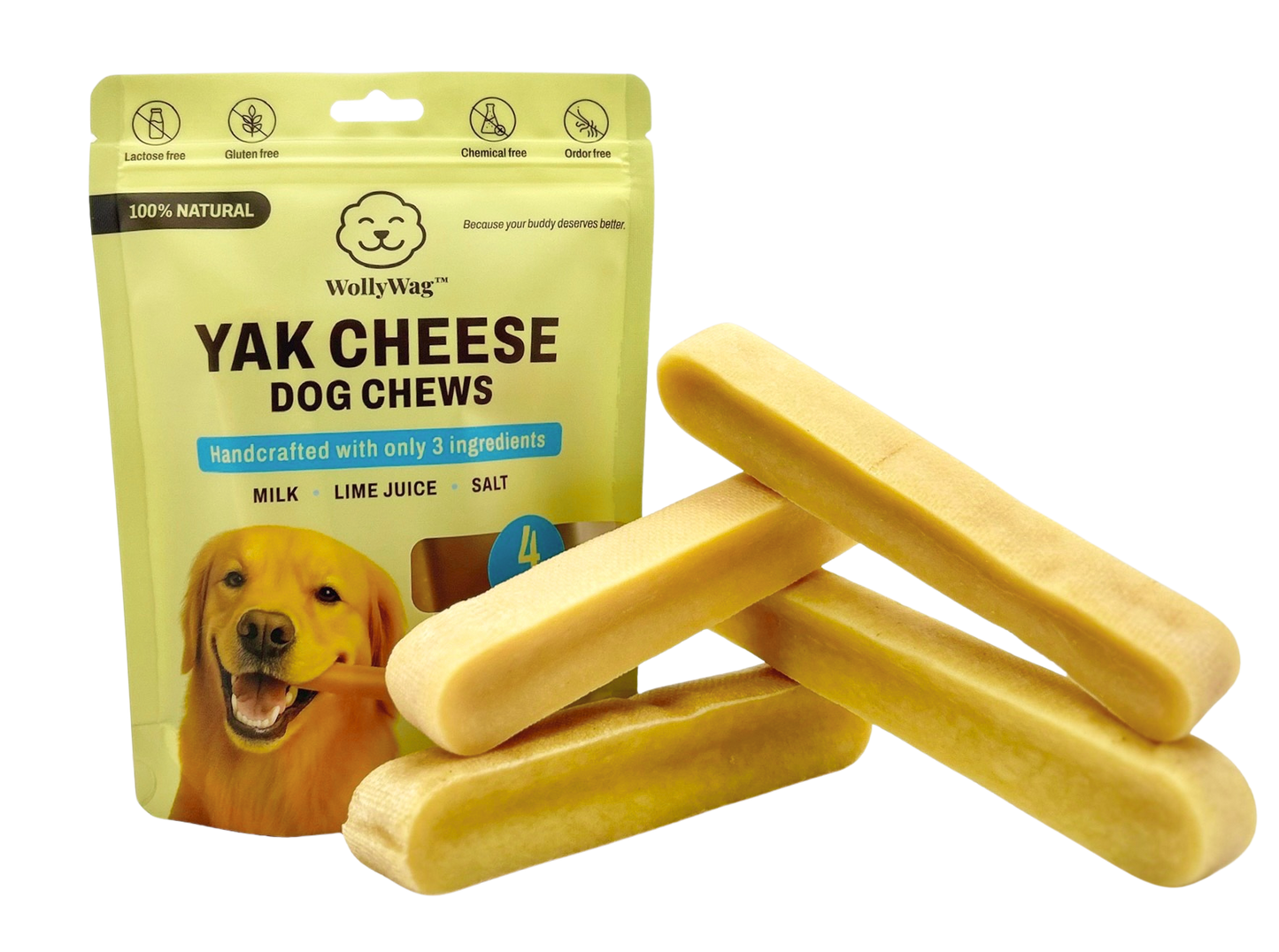 WollyWag Yak Cheese Dog Chews – 4 Medium Long-Lasting Treats for Dogs (15–30 lb)