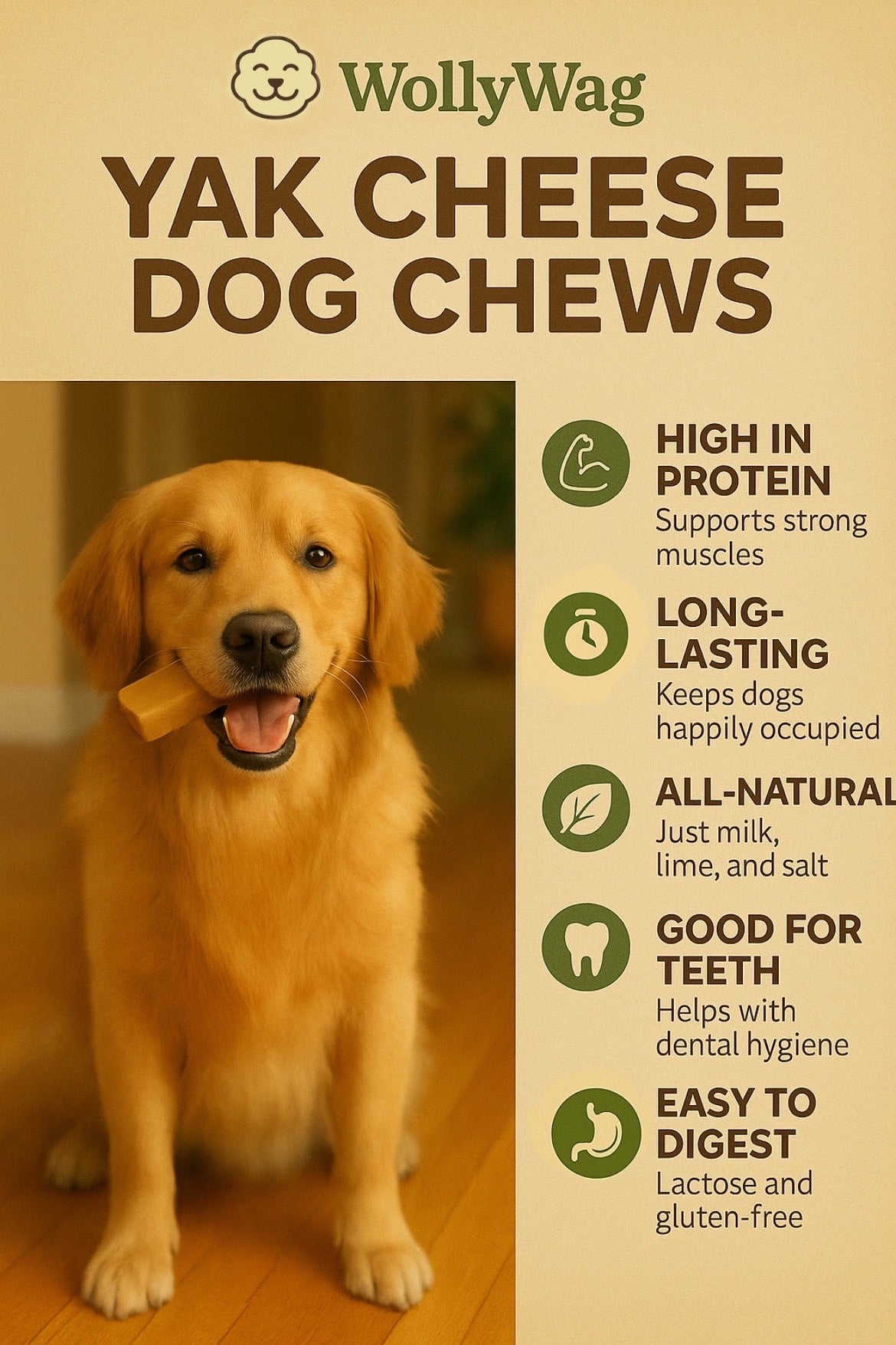 WollyWag Yak Cheese Dog Chews – 5 Small Long-Lasting Treats for Dogs (0–15 lb)
