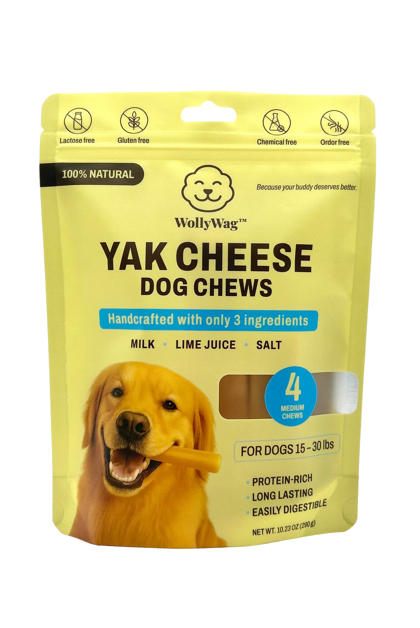 WollyWag Yak Cheese Dog Chews – 4 Medium Long-Lasting Treats for Dogs (15–30 lb)