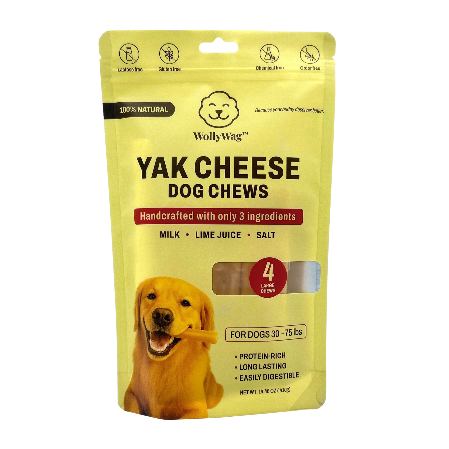WollyWag Yak Cheese Chews – 4 Tough, Natural Treats for Aggressive Chewers (30–75 lb)