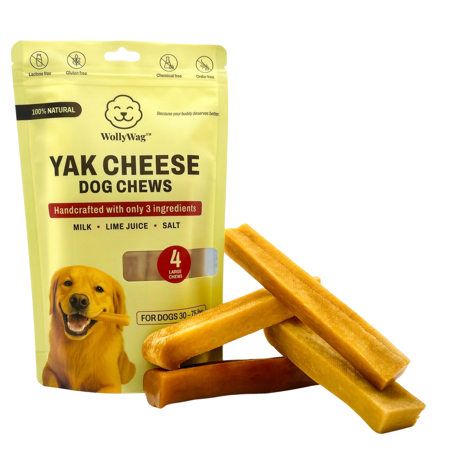 WollyWag Yak Cheese Chews – 4 Tough, Natural Treats for Aggressive Chewers (30–75 lb)
